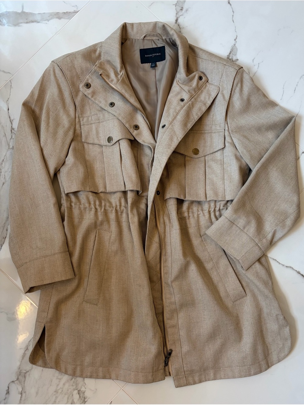Banana Republic Herringbone Beige Drawstring Safari Trench Coat